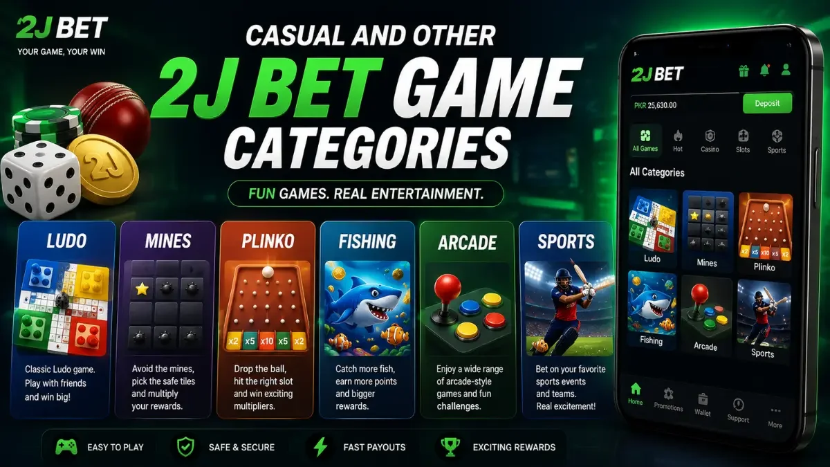 Casual and other 2J Bet Game categories including Ludo, Mines, Plinko, Fishing, Arcade and Sports