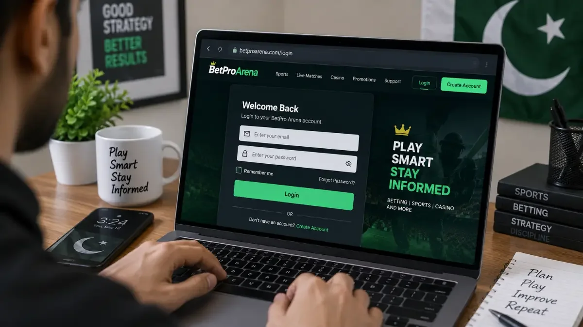 BetPro ID login in Pakistan showing secure BetPro Arena account access on laptop